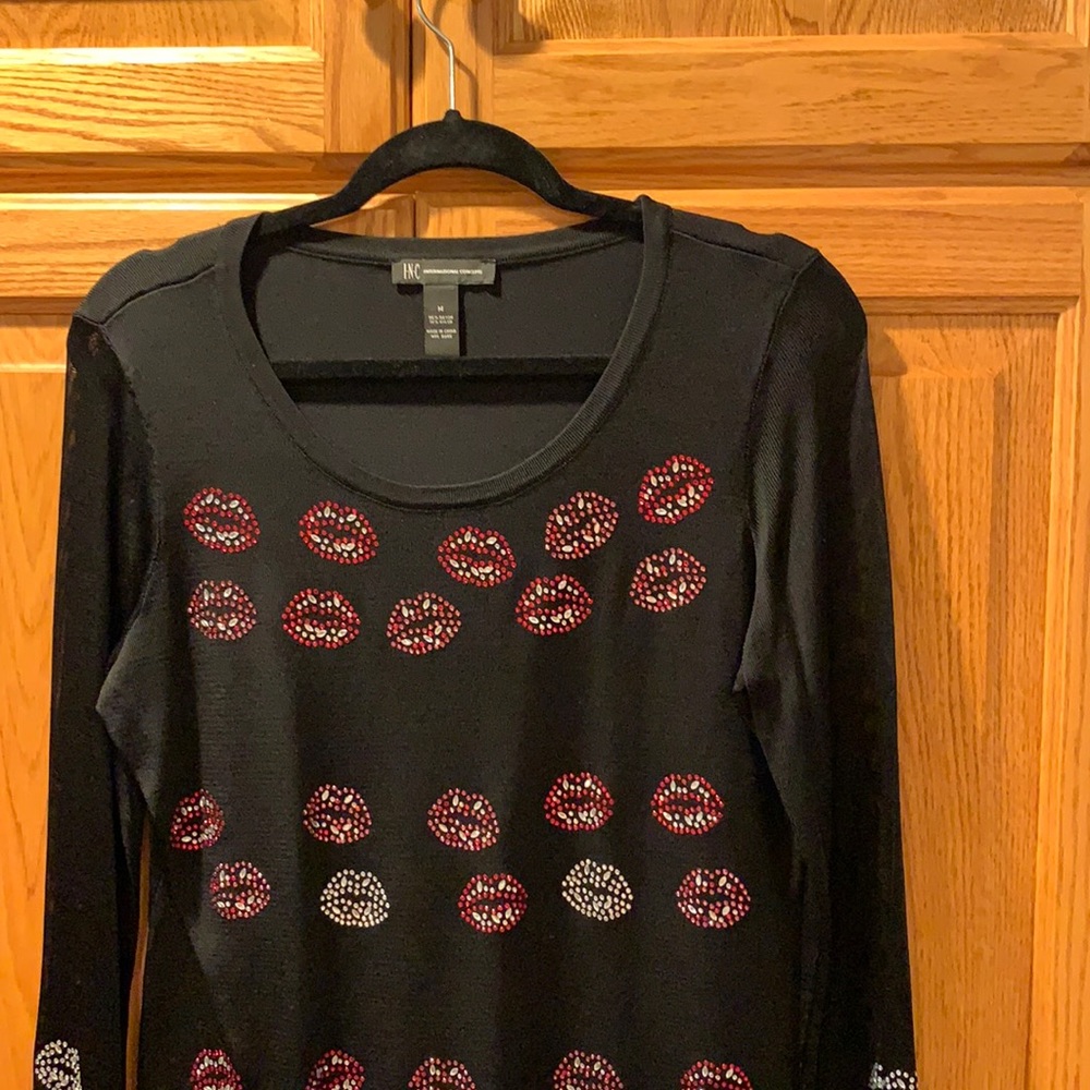 INC Top with Sequined Lips, Size Medium